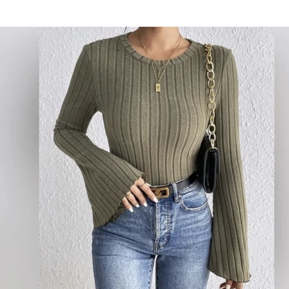 Ribbed Olive Green Sweater with Flared Sleeves